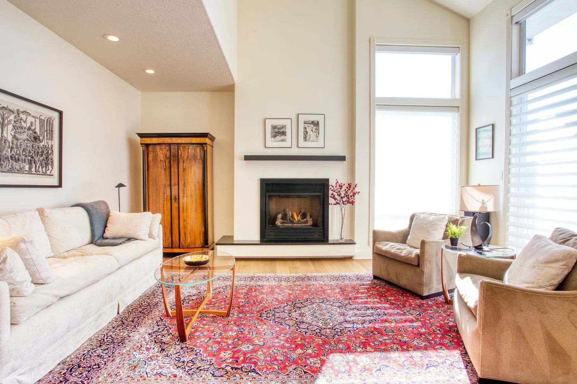 Bright living room with fireplace
