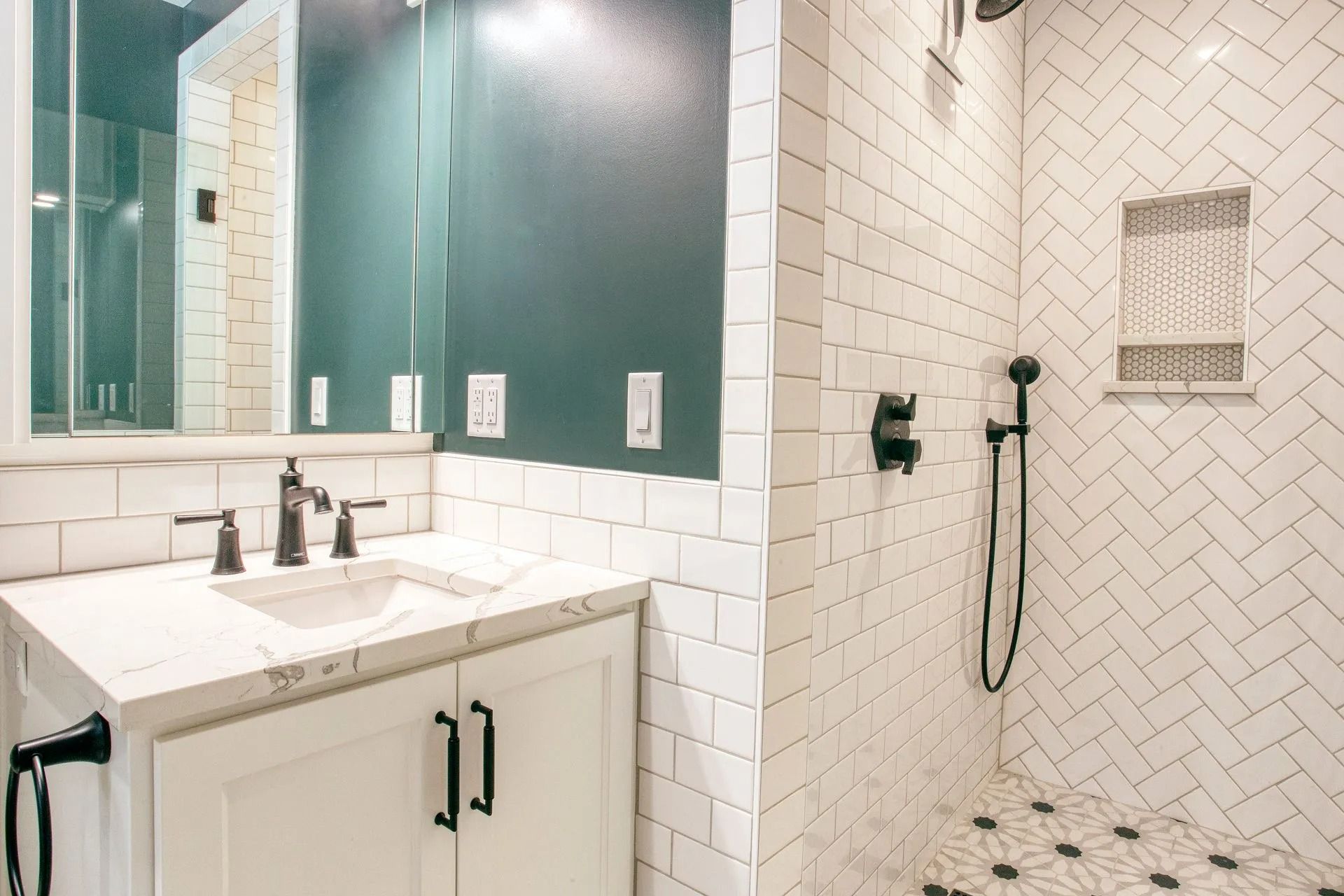 Modern bathroom with white subway tiles
