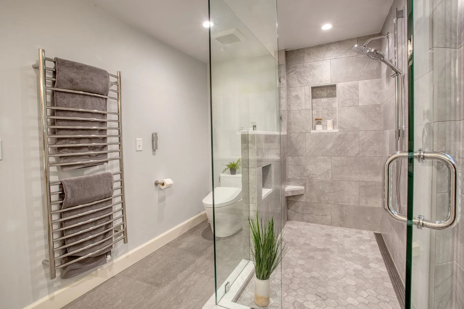 Modern bathroom with glass shower door