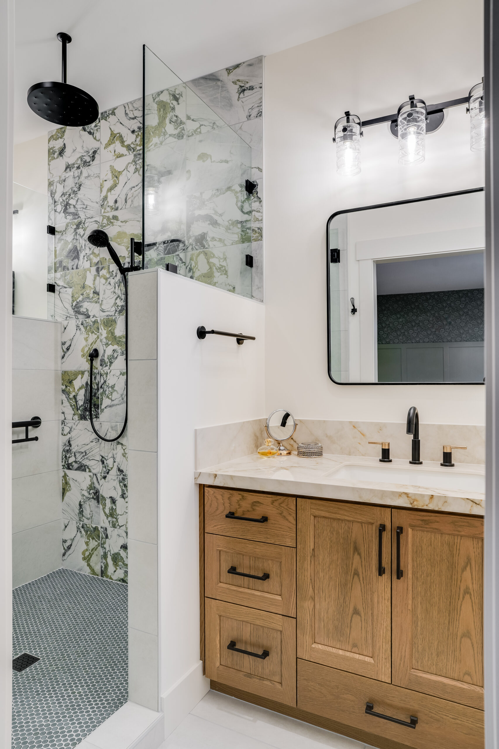 Modern bathroom with wood vanity and shower